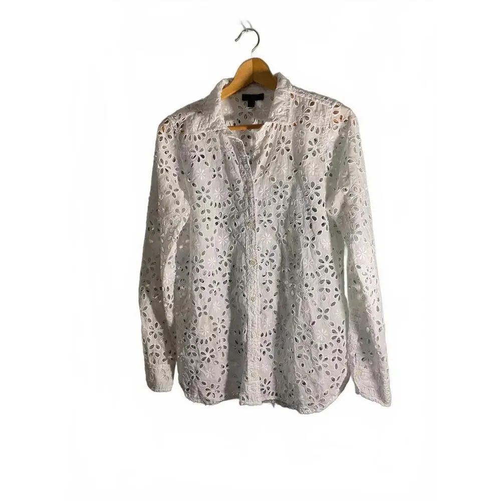 J. Crew White Eyelet  Lace Button-Up Shirt Size 10